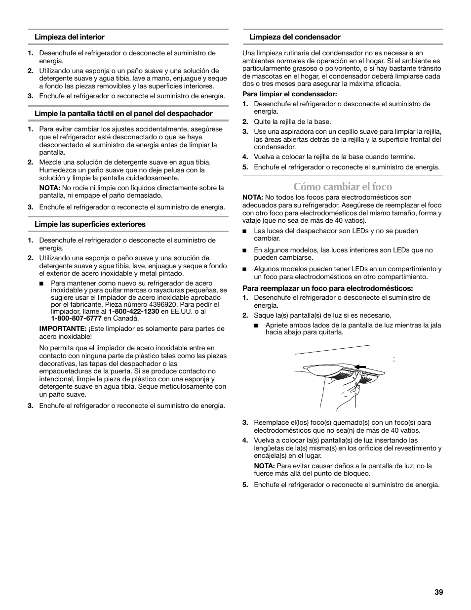 Cómo cambiar el foco | Maytag MFX2570AEM User Manual | Page 39 / 70