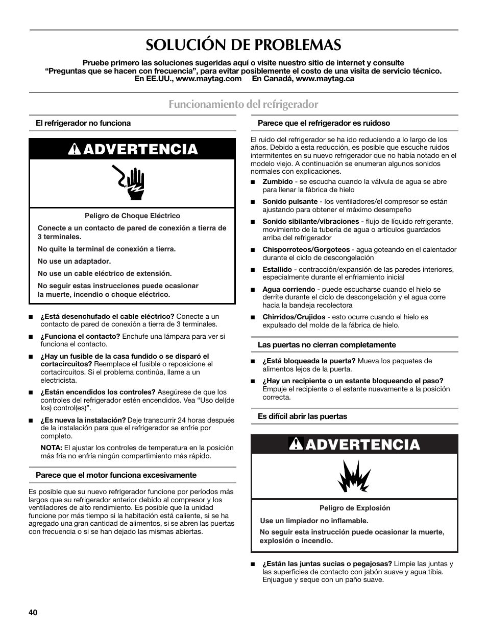Solución de problemas, Advertencia, Funcionamiento del refrigerador | Maytag MFX2570AEM User Manual | Page 40 / 70