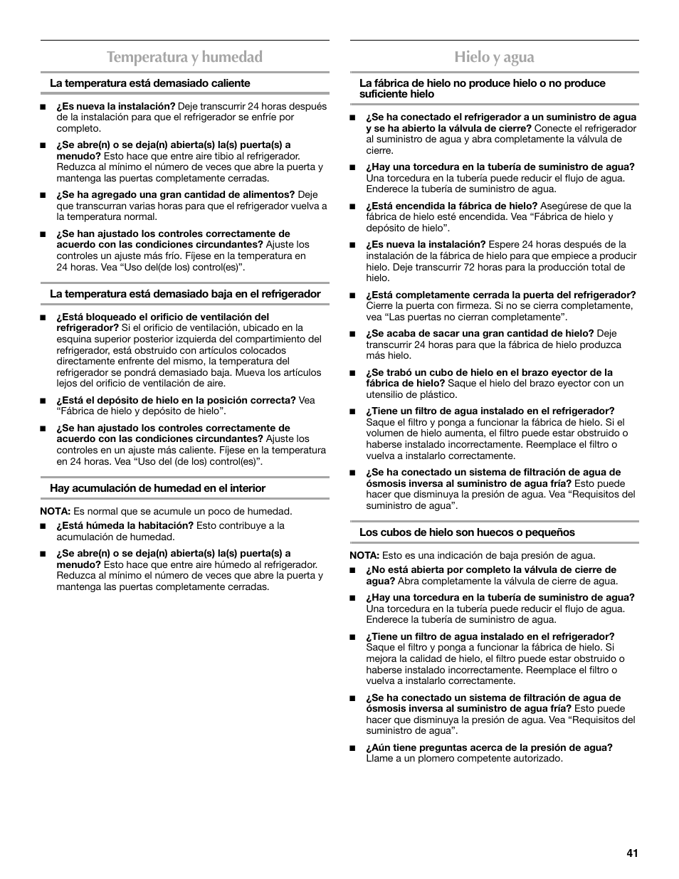 Temperatura y humedad, Hielo y agua | Maytag MFX2570AEM User Manual | Page 41 / 70