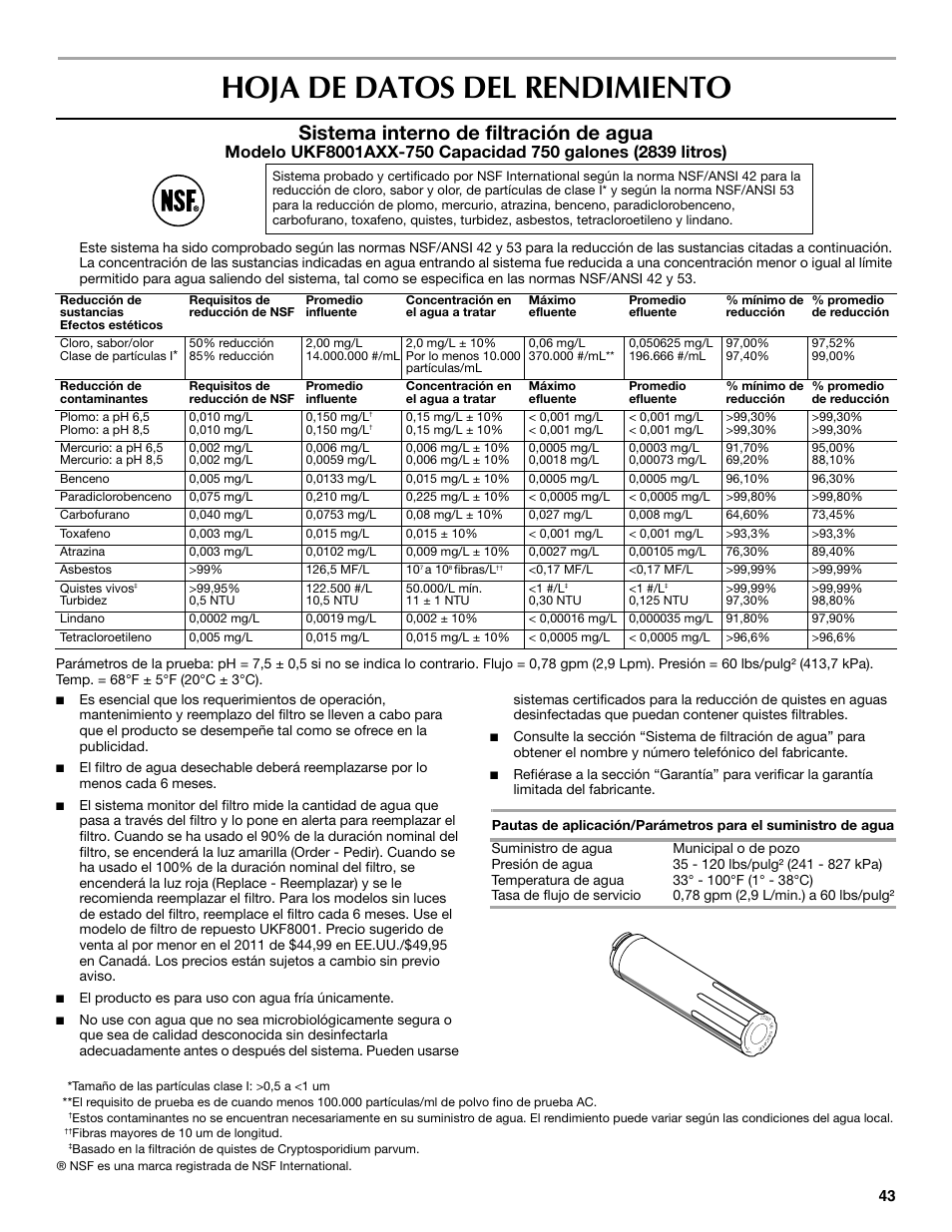 Hoja de datos del rendimiento, Sistema interno de filtración de agua | Maytag MFX2570AEM User Manual | Page 43 / 70