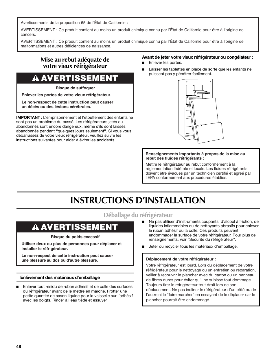 Instructions d’installation, Avertissement, Déballage du réfrigérateur | Maytag MFX2570AEM User Manual | Page 48 / 70