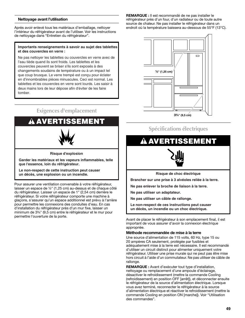 Avertissement, Exigences d'emplacement, Spécifications électriques | Maytag MFX2570AEM User Manual | Page 49 / 70