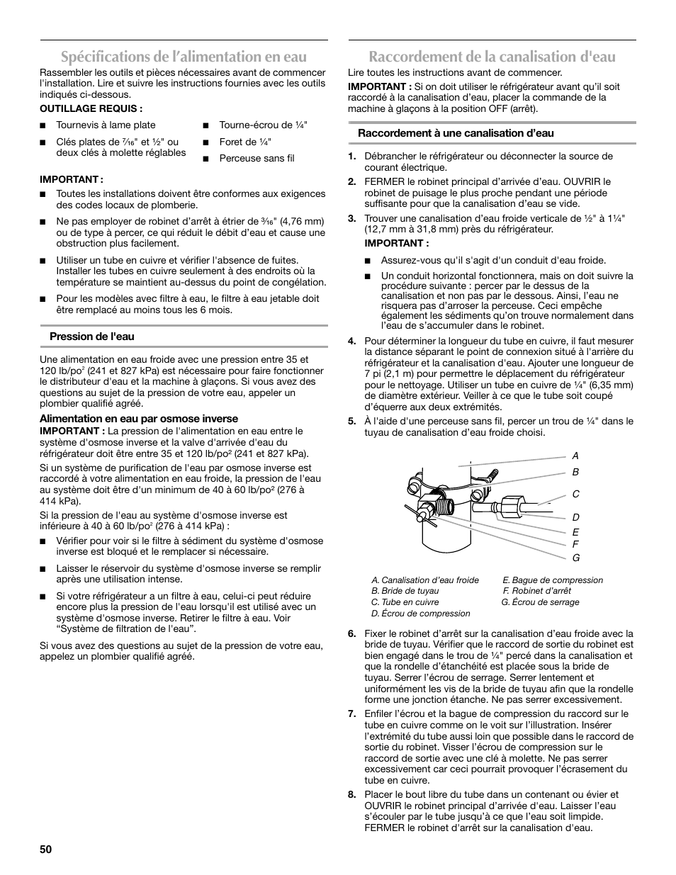 Spécifications de l’alimentation en eau, Raccordement de la canalisation d'eau | Maytag MFX2570AEM User Manual | Page 50 / 70