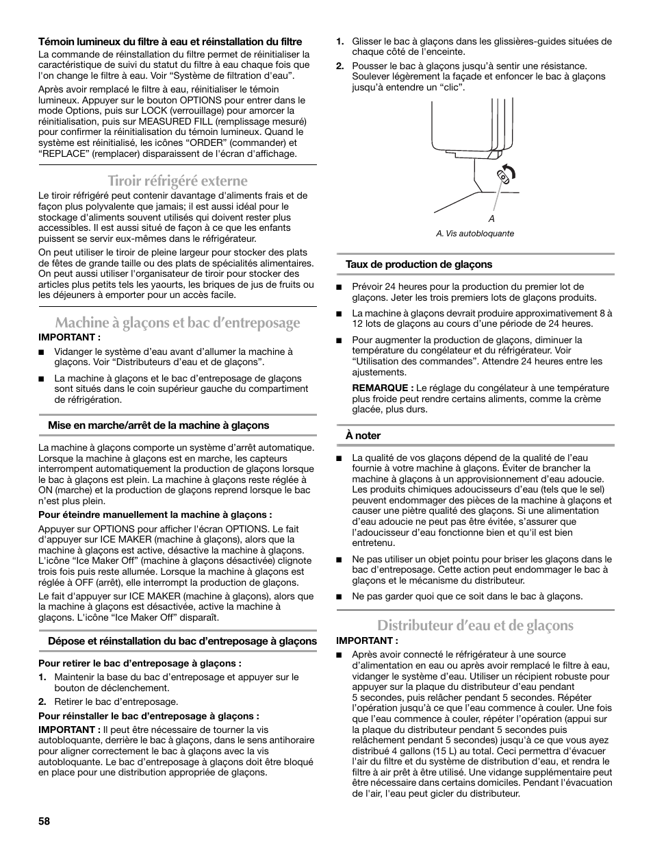 Tiroir réfrigéré externe, Machine à glaçons et bac d’entreposage, Distributeur d’eau et de glaçons | Maytag MFX2570AEM User Manual | Page 58 / 70