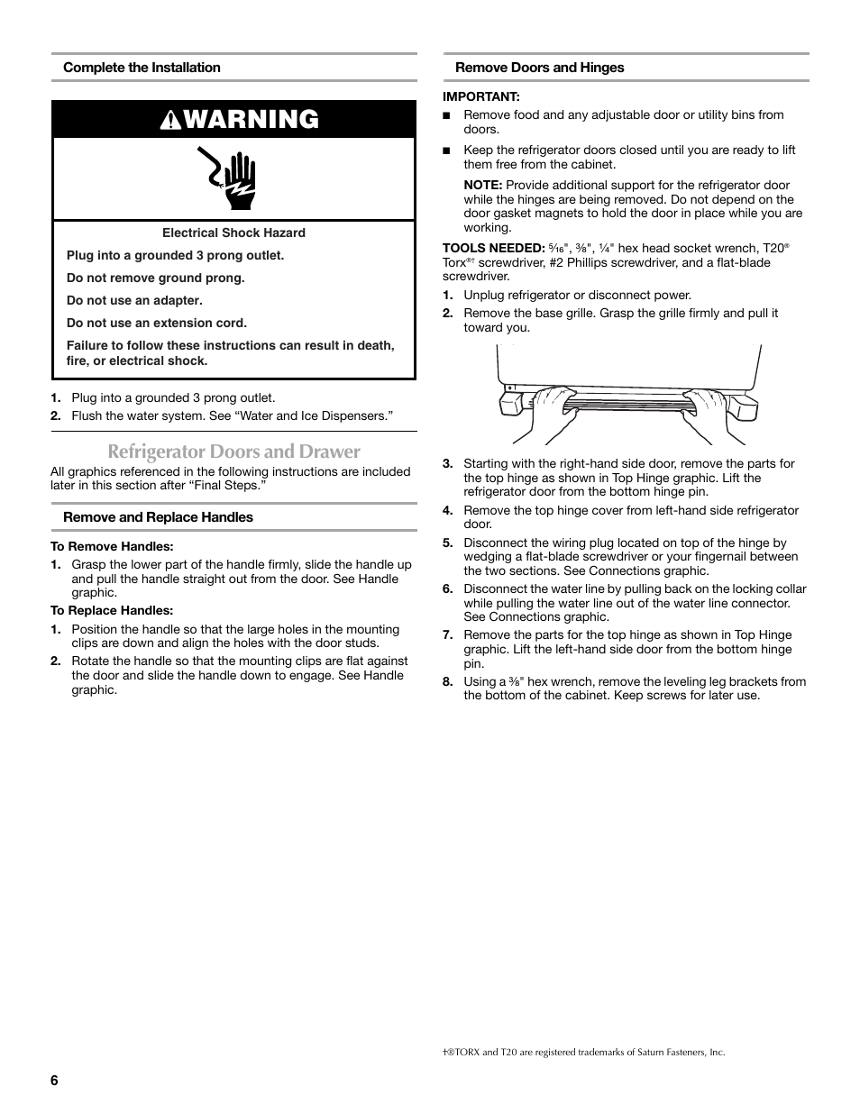 Warning, Refrigerator doors and drawer | Maytag MFX2570AEM User Manual | Page 6 / 70