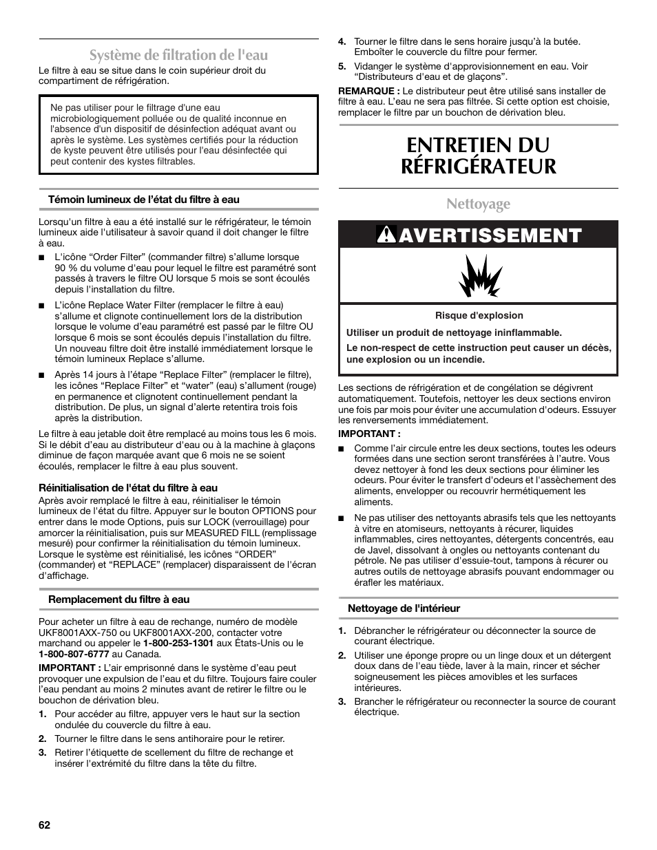 Entretien du réfrigérateur, Avertissement, Système de filtration de l'eau | Nettoyage | Maytag MFX2570AEM User Manual | Page 62 / 70