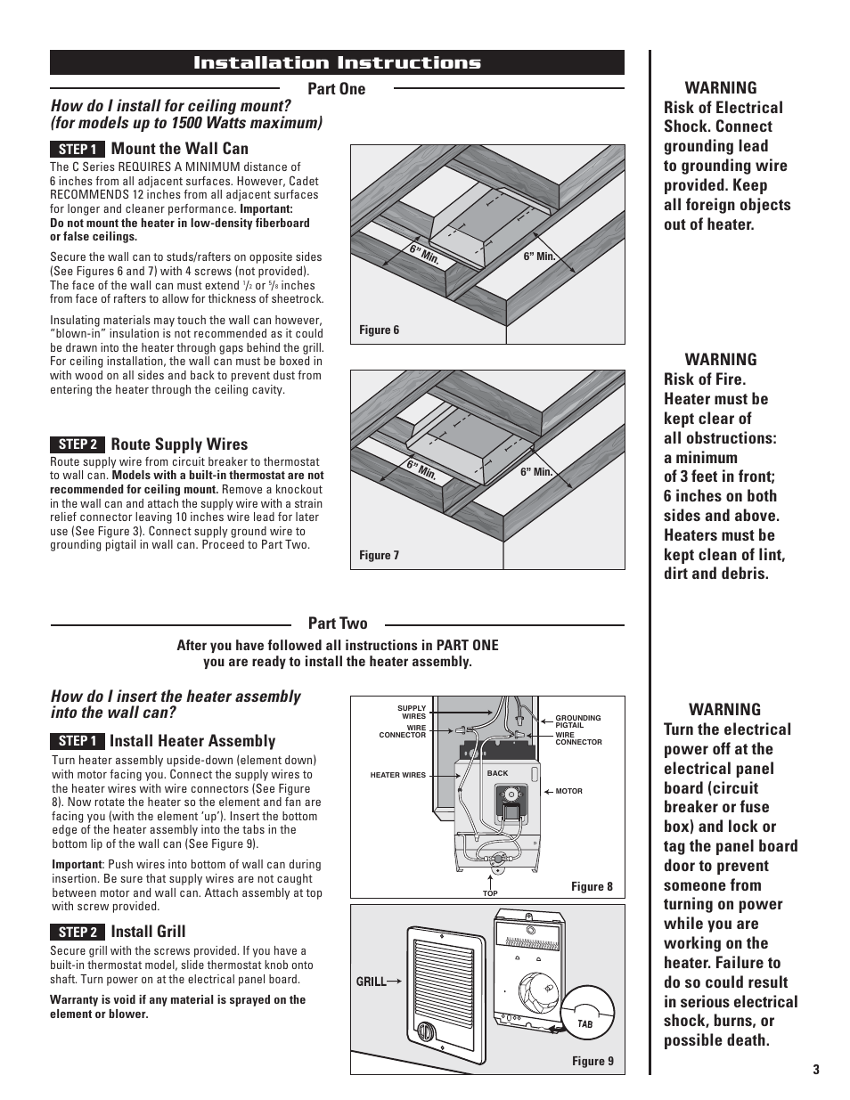 Installation instructions, Mount the wall can, Route supply wires | Part two, Install heater assembly | Cadet C User Manual | Page 3 / 10