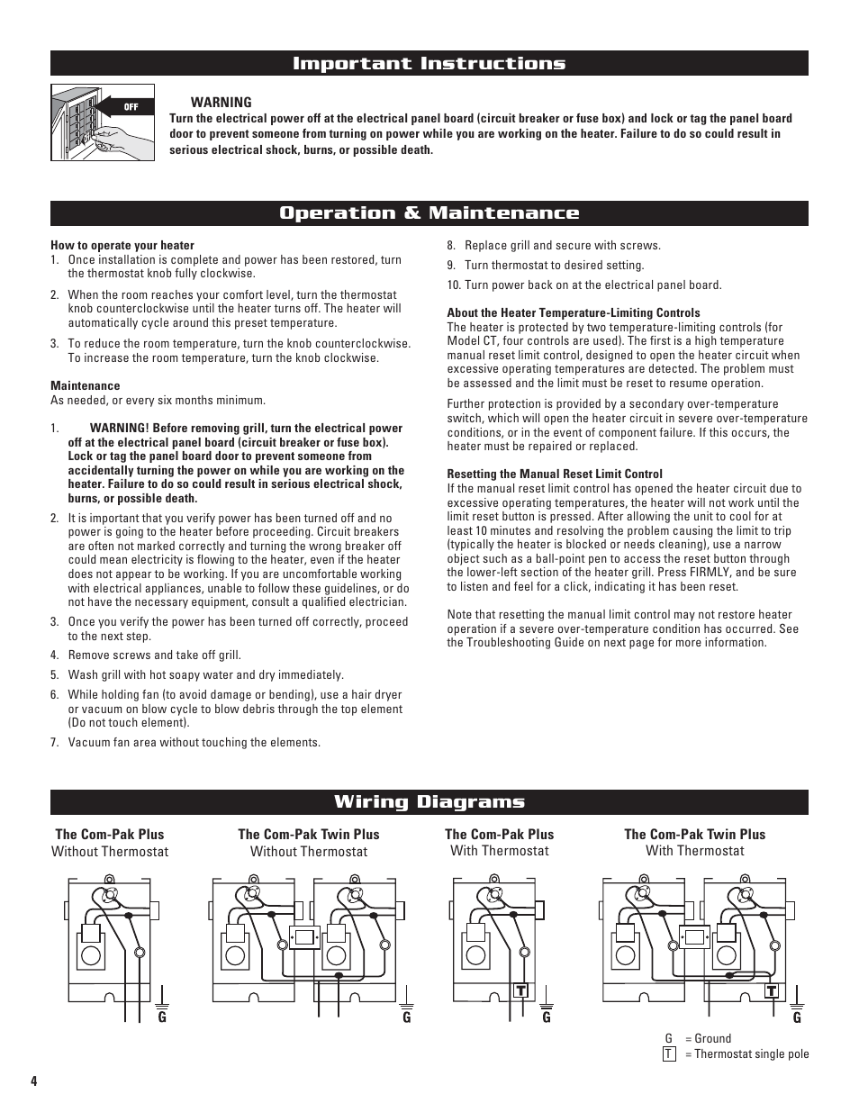 Operation & maintenance, Important instructions wiring diagrams | Cadet C User Manual | Page 4 / 10