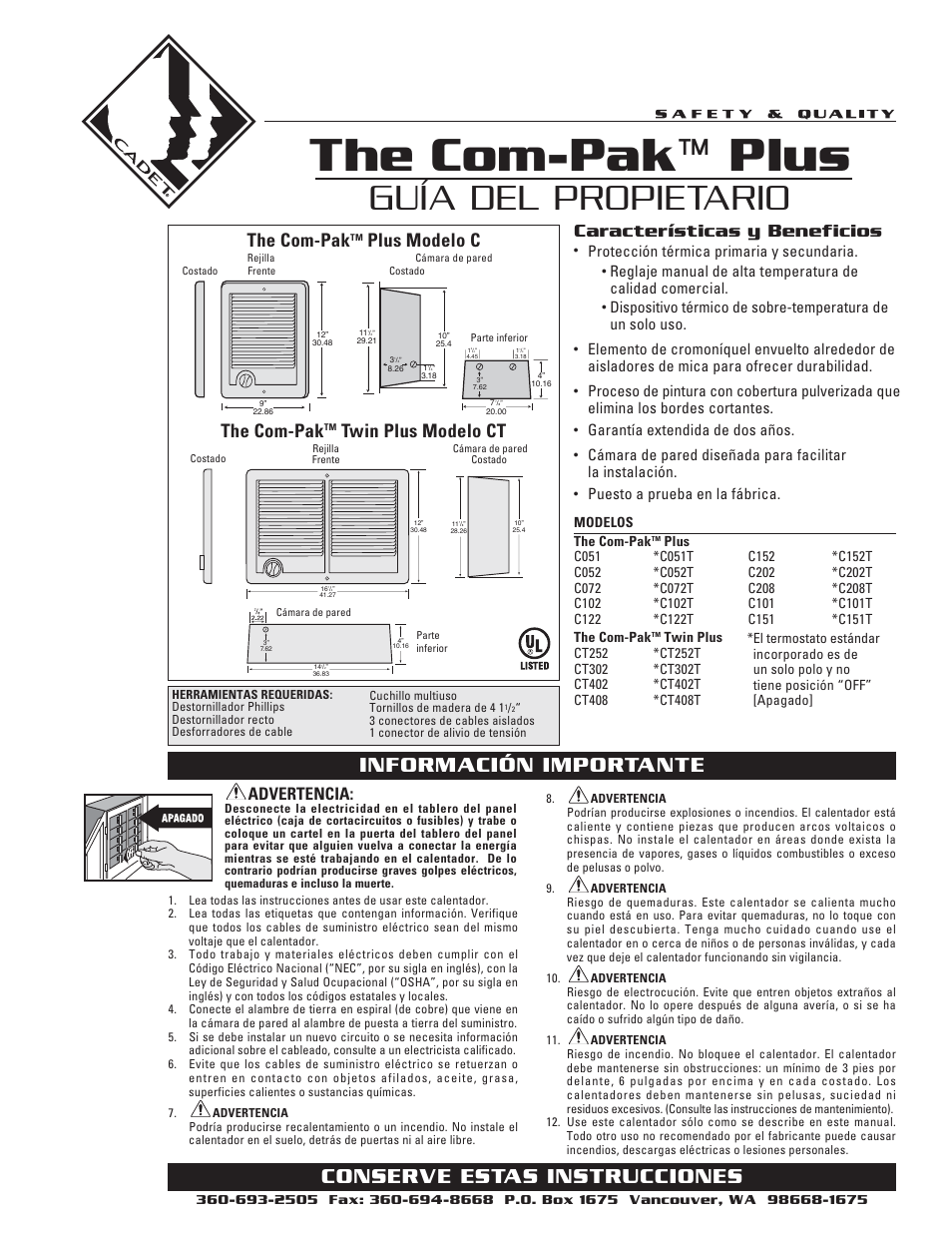 The com-pak™ plus, Guía del propietario, The com-pak | Plus modelo c the com-pak, Twin plus modelo ct características y beneficios, Advertencia, Protección térmica primaria y secundaria, Garantía extendida de dos años, Puesto a prueba en la fábrica, Modelos the com-pak | Cadet C User Manual | Page 6 / 10
