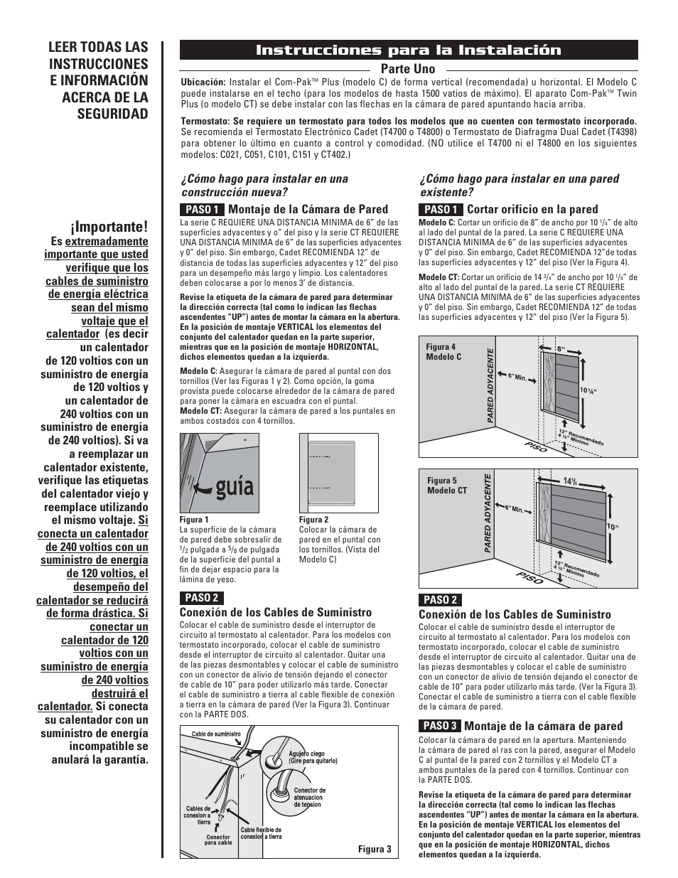 Guía, Instrucciones para la instalación, Importante | Cadet C User Manual | Page 7 / 10