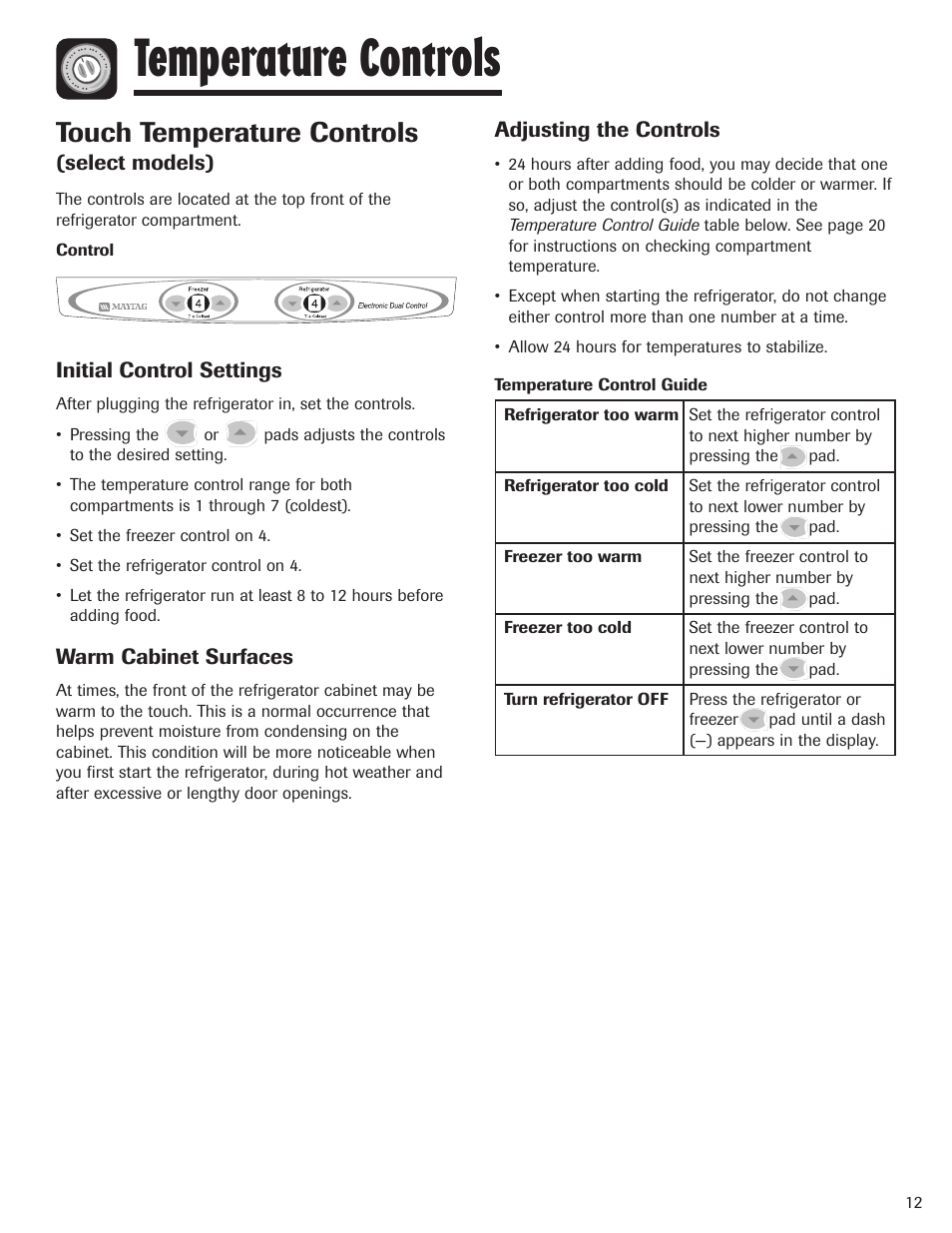 Temperature controls, Touch temperature controls | Maytag MBF1956HEB User Manual | Page 13 / 104