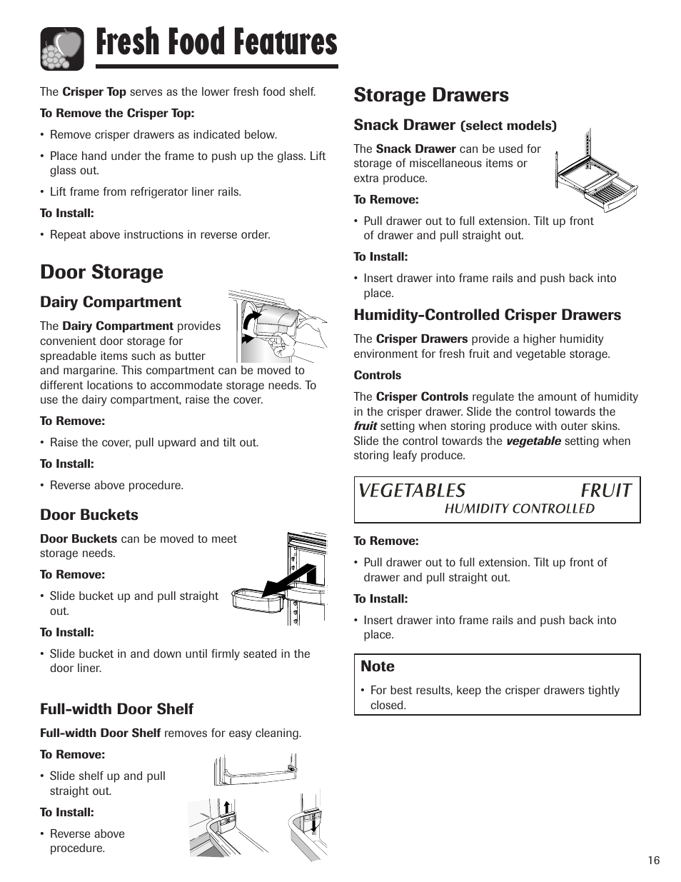 Fresh food features, Door storage, Storage drawers | Maytag MBF1956HEB User Manual | Page 17 / 104