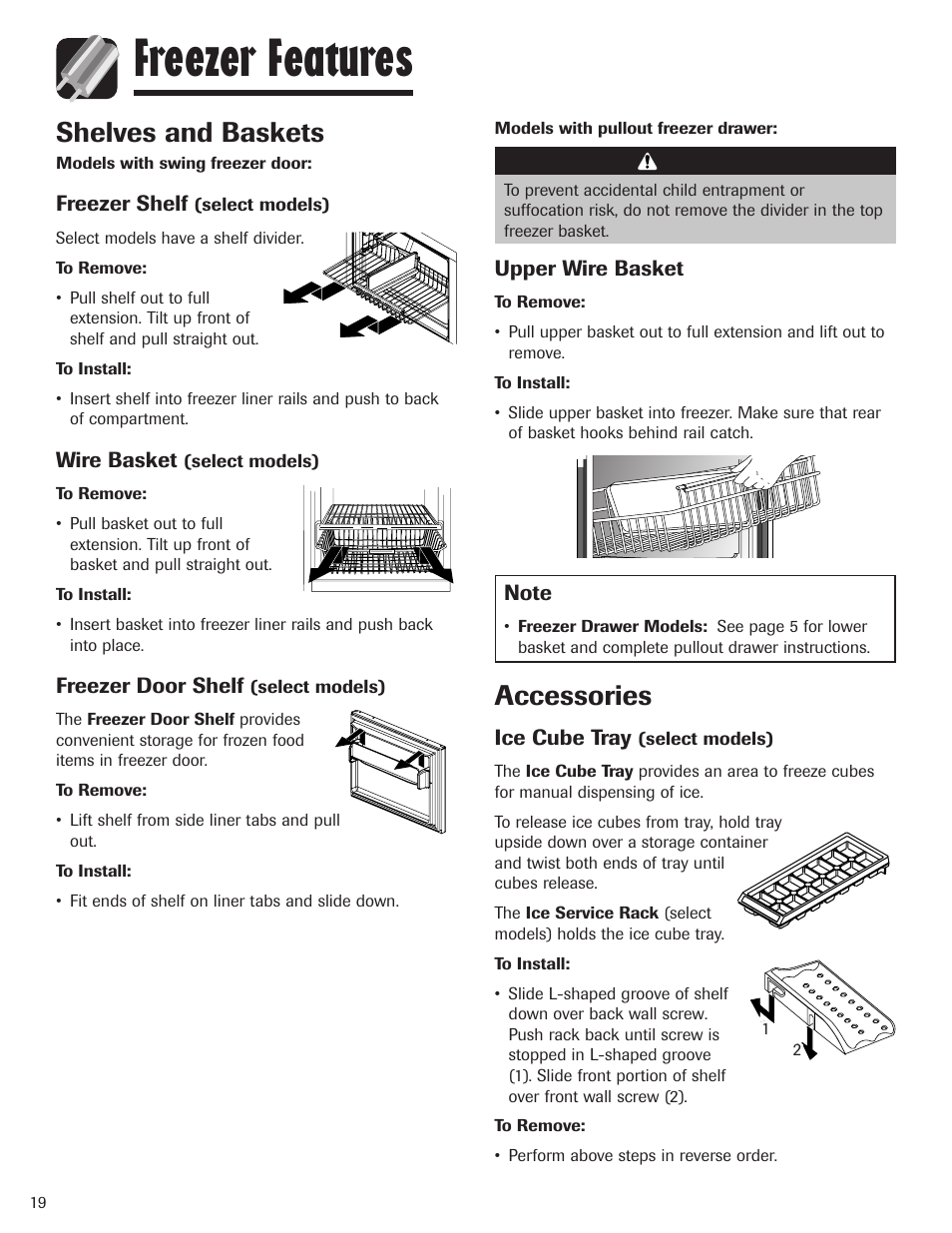 Freezer features, Accessories, Shelves and baskets | Maytag MBF1956HEB User Manual | Page 20 / 104