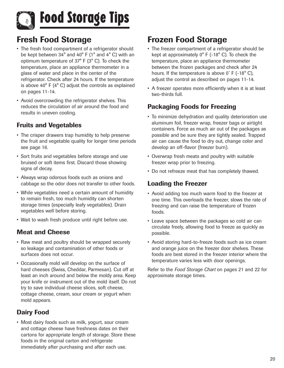 Food storage tips, Fresh food storage, Frozen food storage | Maytag MBF1956HEB User Manual | Page 21 / 104