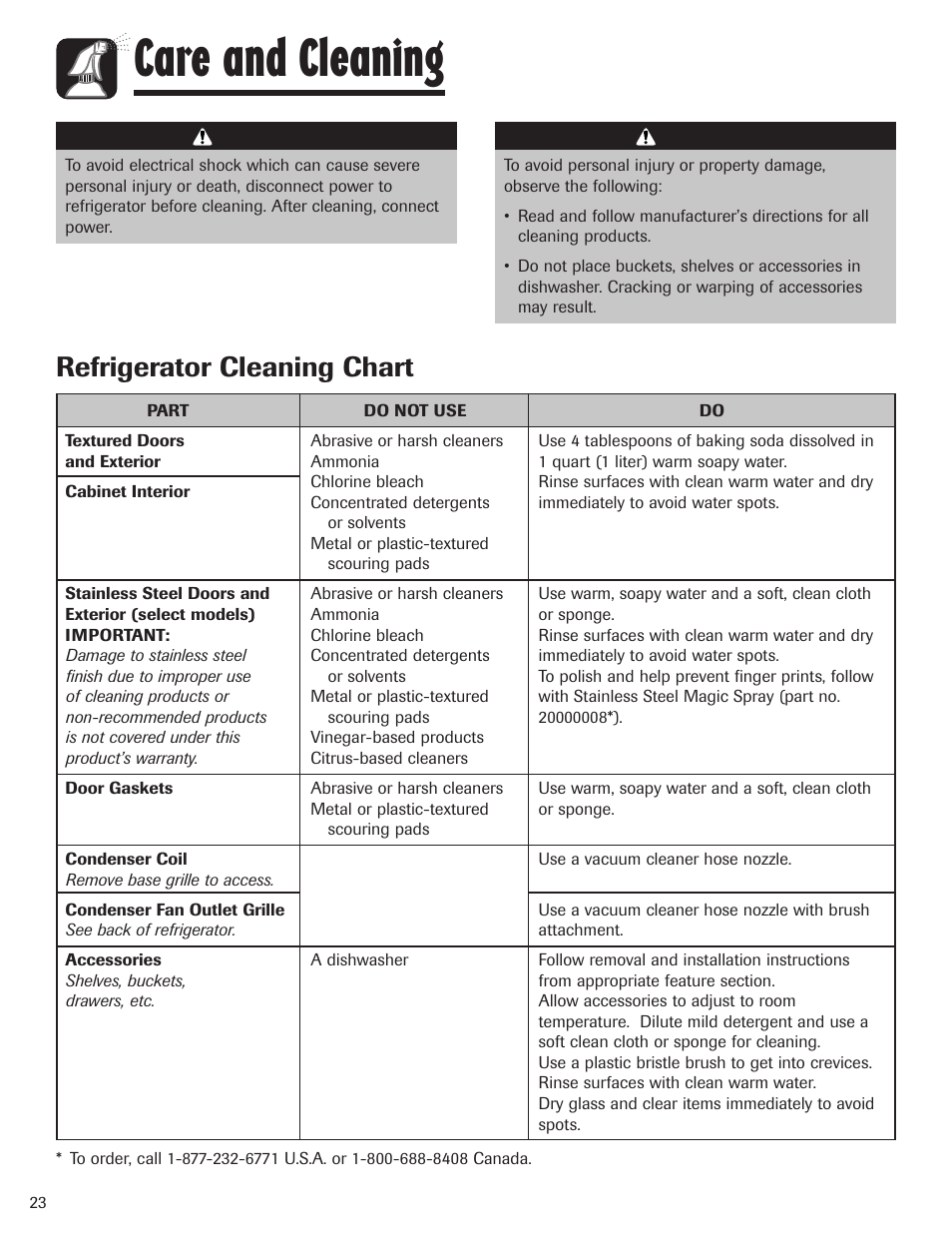 Care and cleaning, Refrigerator cleaning chart | Maytag MBF1956HEB User Manual | Page 24 / 104