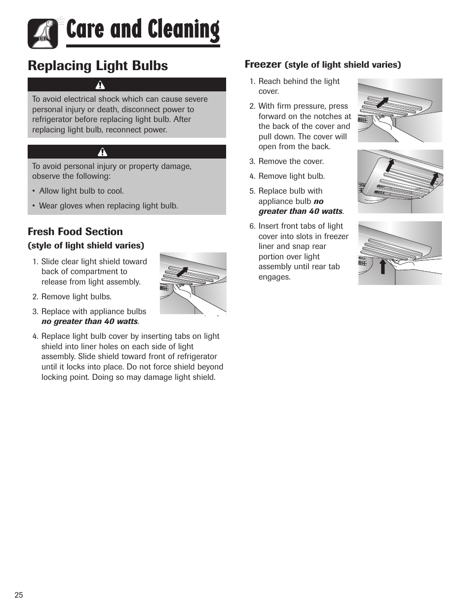 Care and cleaning, Replacing light bulbs | Maytag MBF1956HEB User Manual | Page 26 / 104