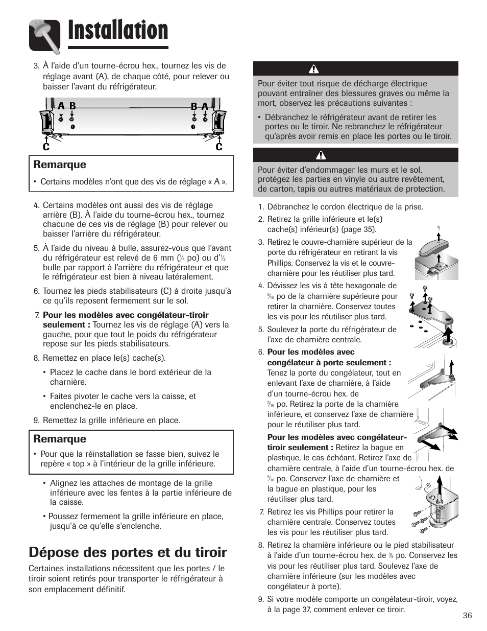 Installation, Dépose des portes et du tiroir, Avertissement | Attention, Remarque | Maytag MBF1956HEB User Manual | Page 37 / 104