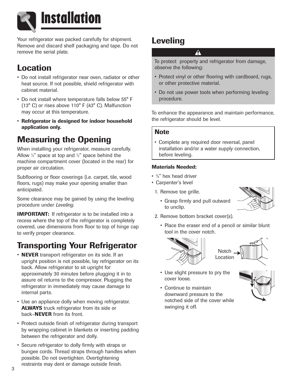 Installation, Location, Measuring the opening | Transporting your refrigerator, Leveling, Caution | Maytag MBF1956HEB User Manual | Page 4 / 104