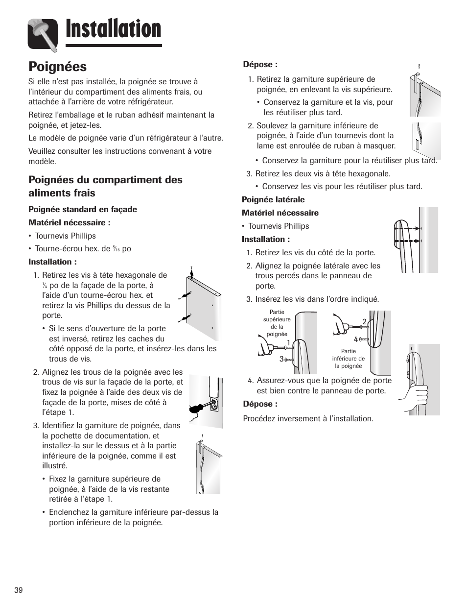 Installation, Poignées, Poignées du compartiment des aliments frais | Maytag MBF1956HEB User Manual | Page 40 / 104