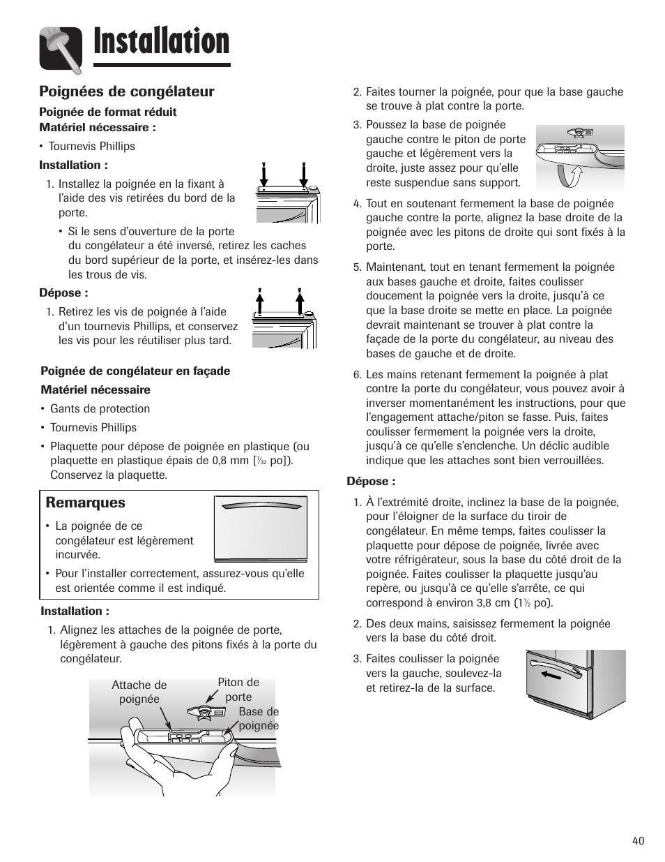 Installation, Poignées de congélateur, Remarques | Maytag MBF1956HEB User Manual | Page 41 / 104