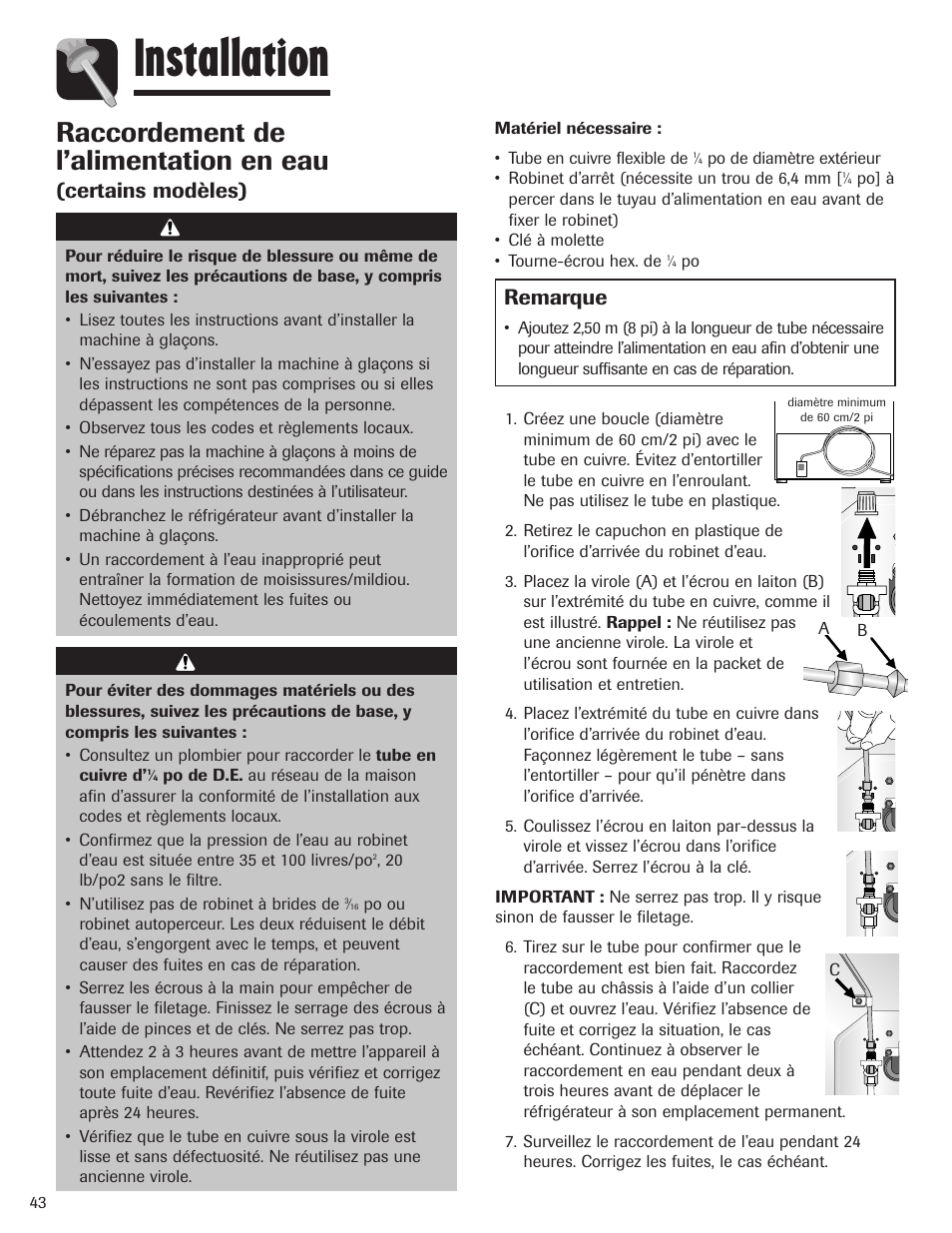 Installation, Raccordement de l’alimentation en eau, Certains modèles) | Avertissement, Attention, Remarque | Maytag MBF1956HEB User Manual | Page 44 / 104