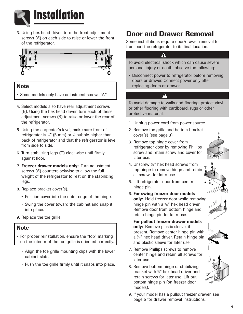 Installation, Door and drawer removal, Warning | Caution | Maytag MBF1956HEB User Manual | Page 5 / 104