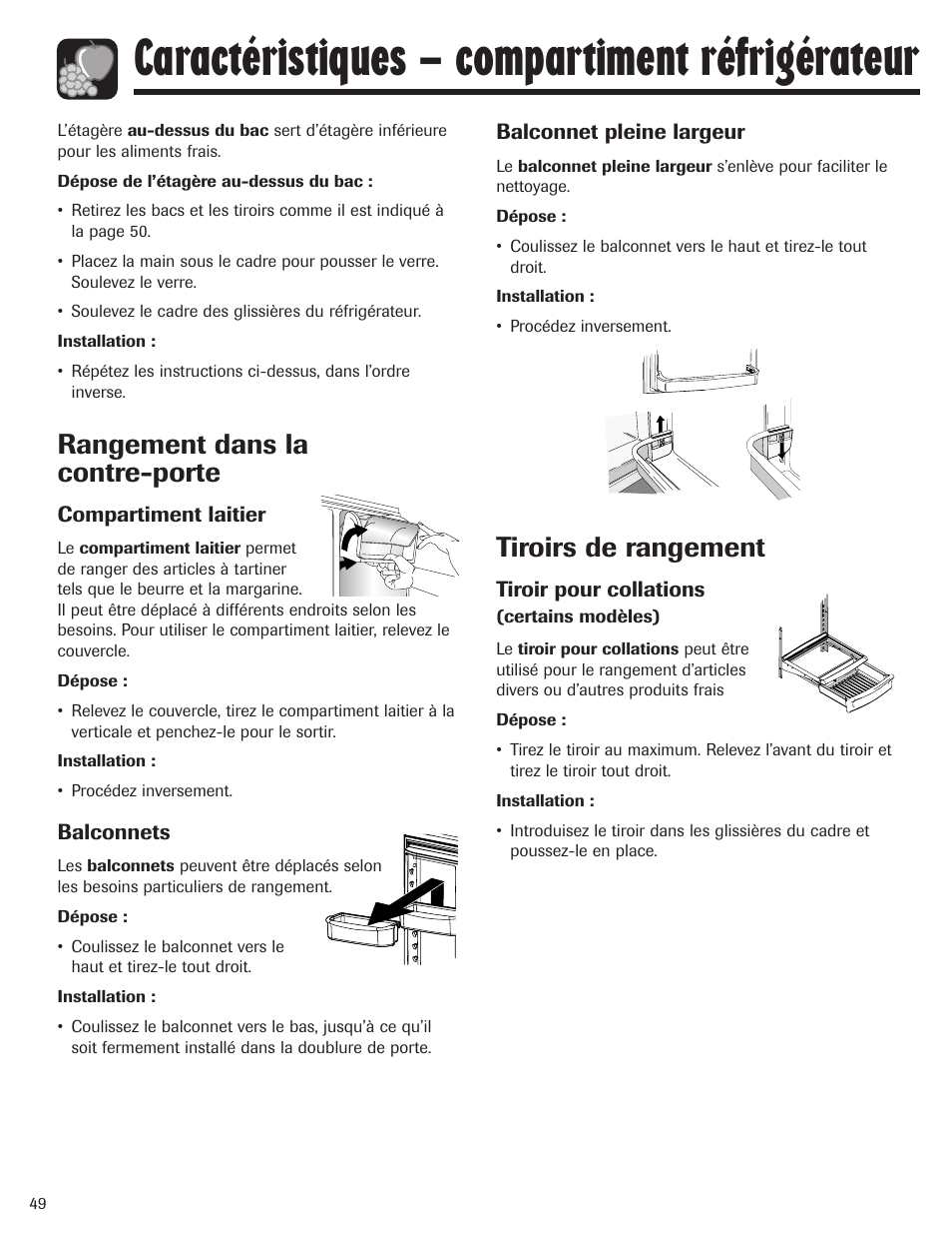 Caractéristiques – compartiment réfrigérateur, Rangement dans la contre-porte, Tiroirs de rangement | Maytag MBF1956HEB User Manual | Page 50 / 104