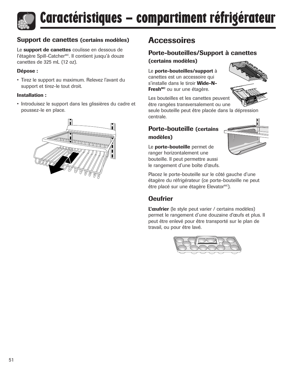 Caractéristiques – compartiment réfrigérateur, Accessoires | Maytag MBF1956HEB User Manual | Page 52 / 104