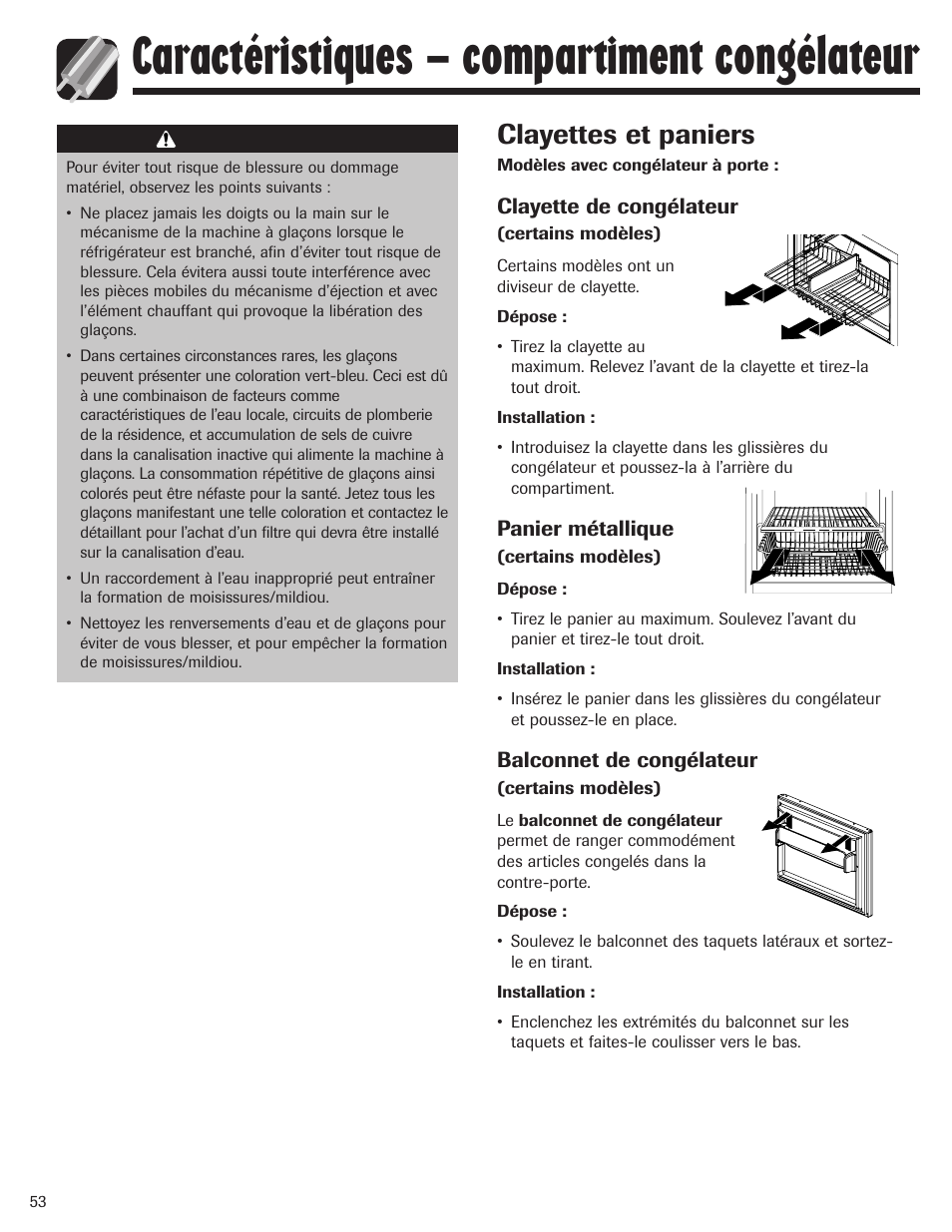 Caractéristiques – compartiment congélateur, Clayettes et paniers | Maytag MBF1956HEB User Manual | Page 54 / 104