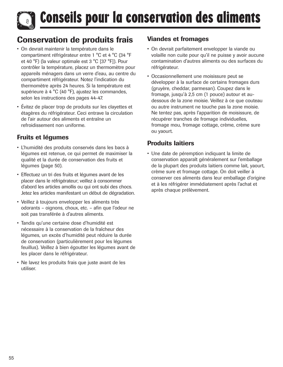 Conseils pour la conservation des aliments, Conservation de produits frais | Maytag MBF1956HEB User Manual | Page 56 / 104