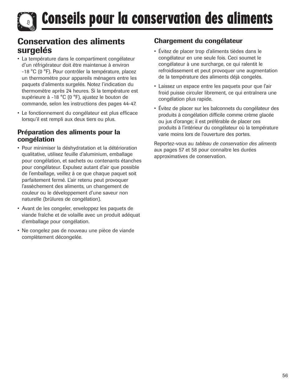 Conseils pour la conservation des aliments, Conservation des aliments surgelés | Maytag MBF1956HEB User Manual | Page 57 / 104