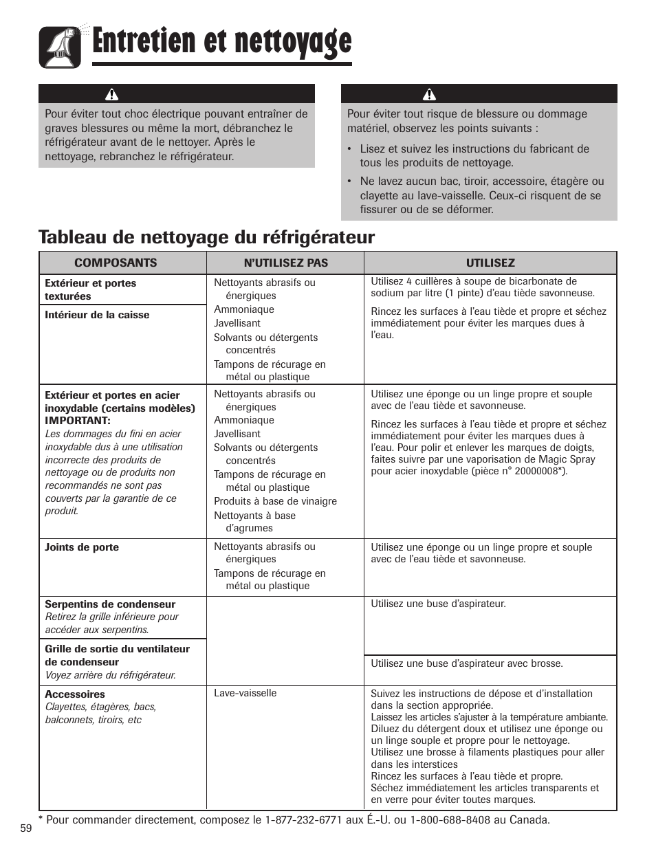 Entretien et nettoyage, Tableau de nettoyage du réfrigérateur, Avertissement | Attention | Maytag MBF1956HEB User Manual | Page 60 / 104