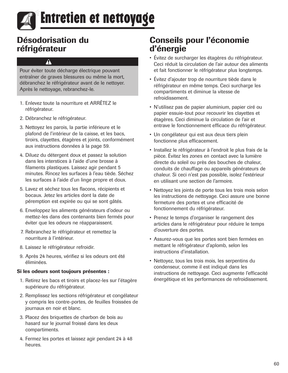 Entretien et nettoyage, Désodorisation du réfrigérateur, Conseils pour l’économie d’énergie | Maytag MBF1956HEB User Manual | Page 61 / 104