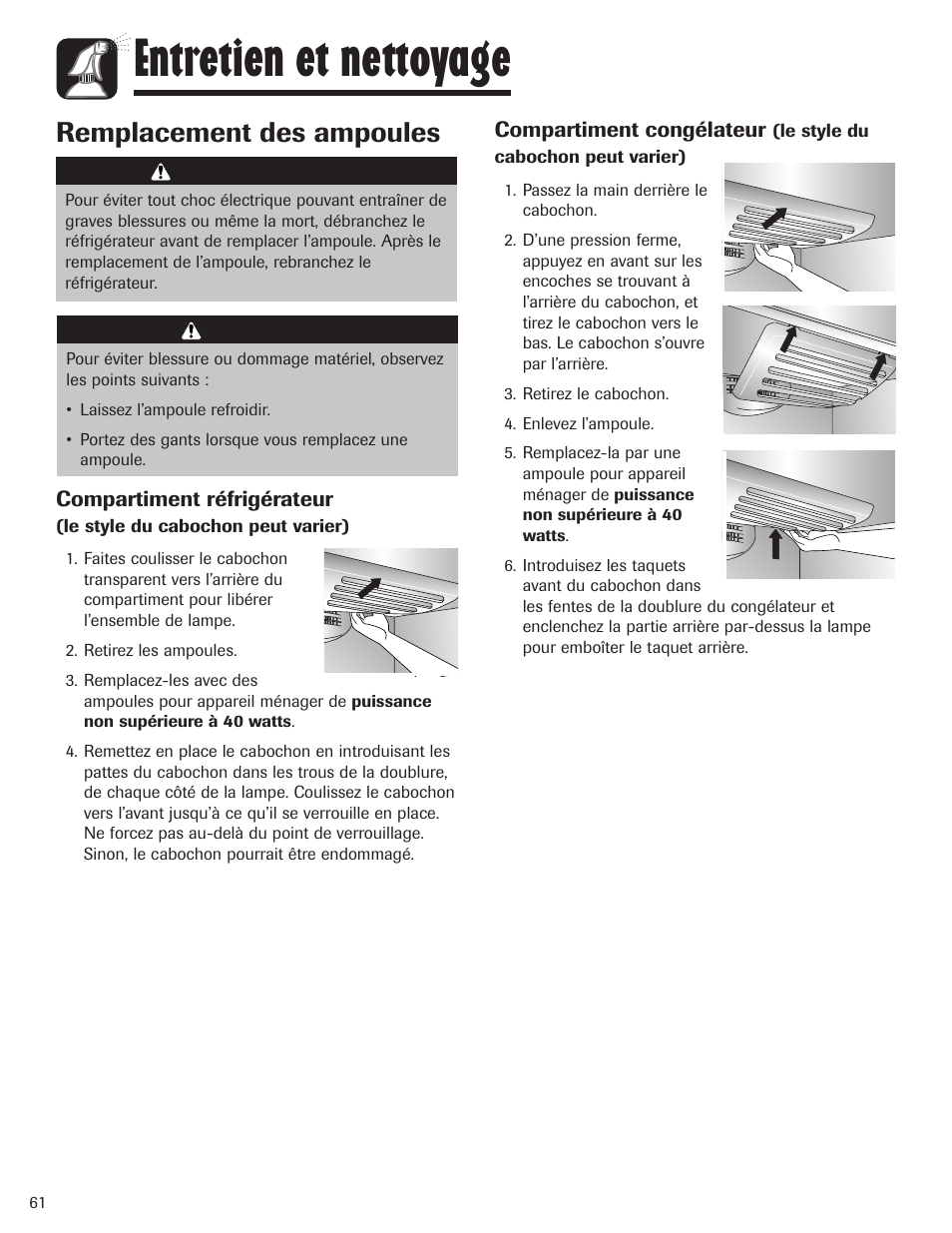 Entretien et nettoyage, Remplacement des ampoules | Maytag MBF1956HEB User Manual | Page 62 / 104