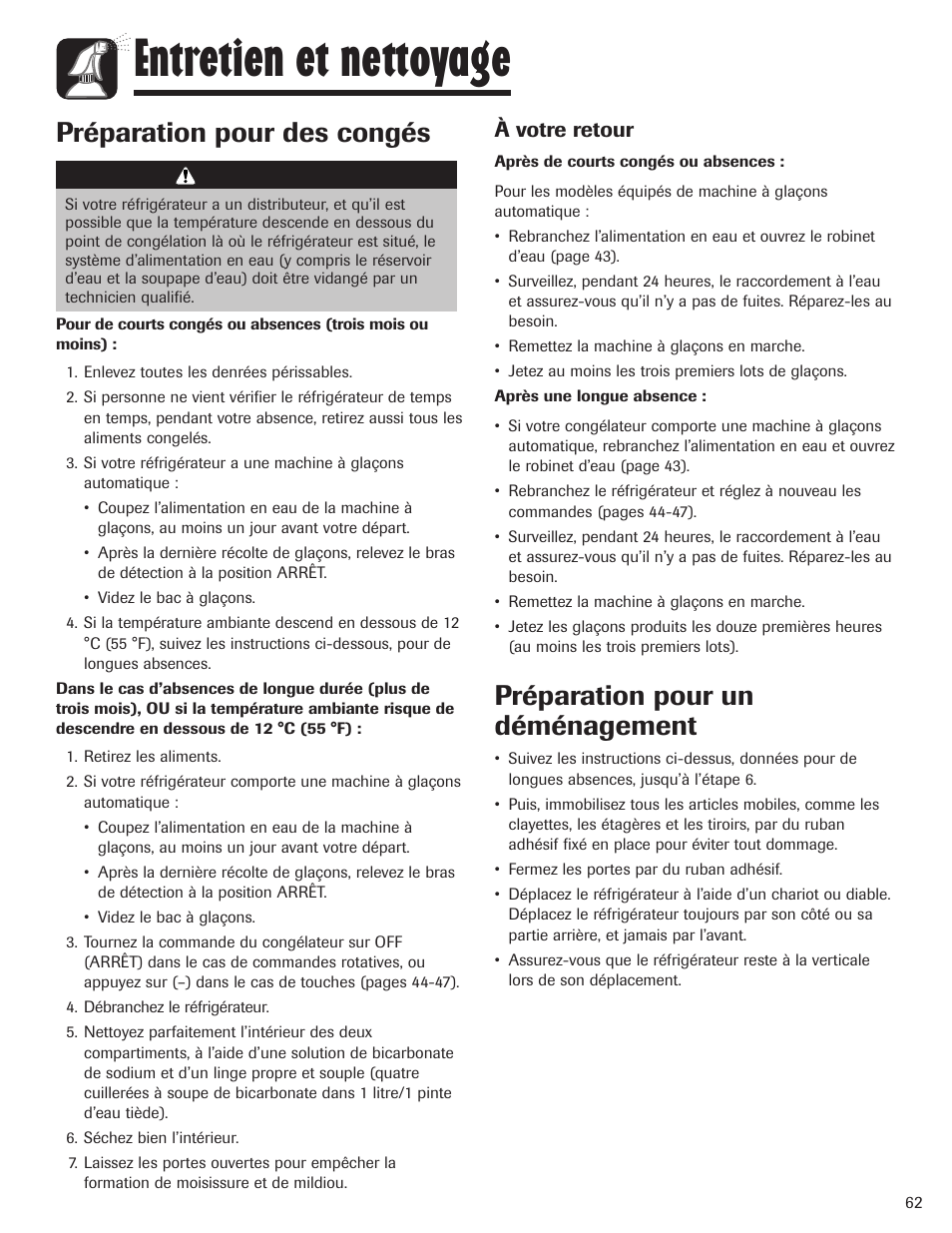 Entretien et nettoyage, Préparation pour un déménagement, Préparation pour des congés | À votre retour, Attention | Maytag MBF1956HEB User Manual | Page 63 / 104