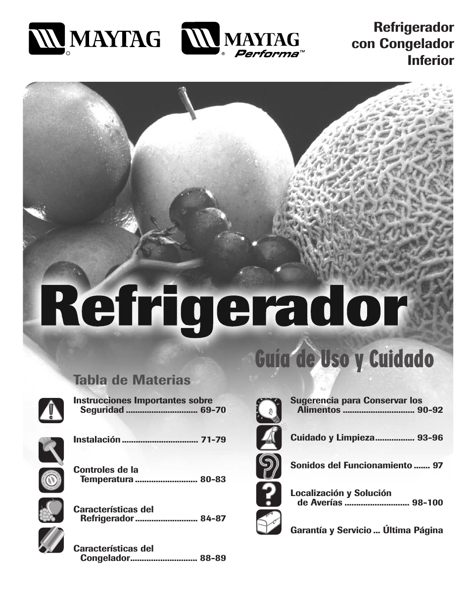 Guía de uso y cuidado, Refrigerador con congelador inferior, Tabla de materias | Maytag MBF1956HEB User Manual | Page 69 / 104