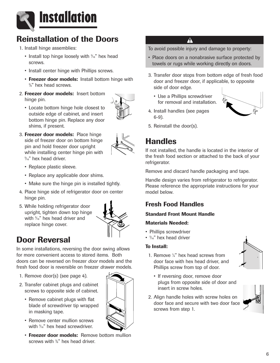 Installation, Reinstallation of the doors, Door reversal | Handles, Fresh food handles, Caution | Maytag MBF1956HEB User Manual | Page 7 / 104