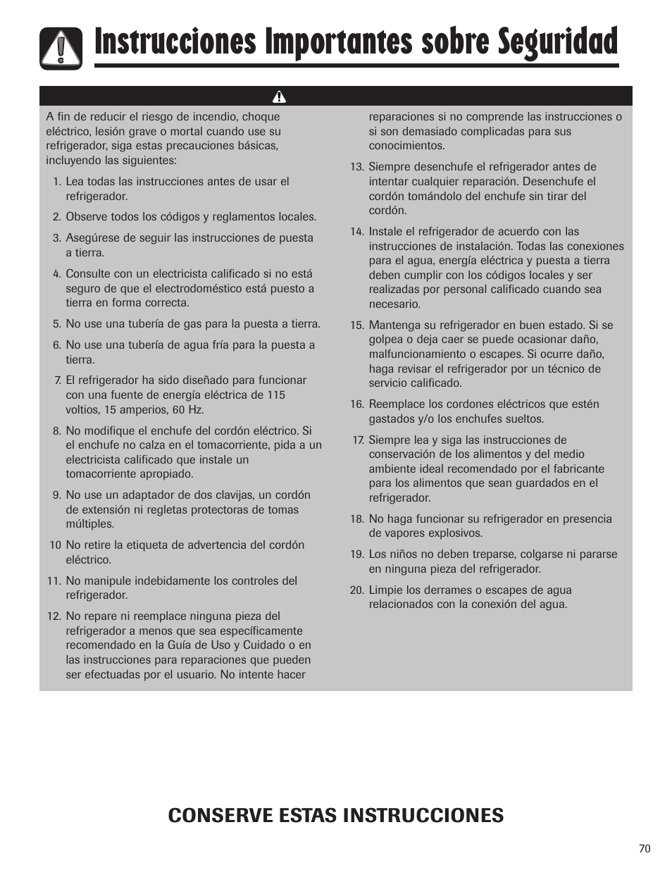 Instrucciones importantes sobre seguridad, Conserve estas instrucciones | Maytag MBF1956HEB User Manual | Page 71 / 104