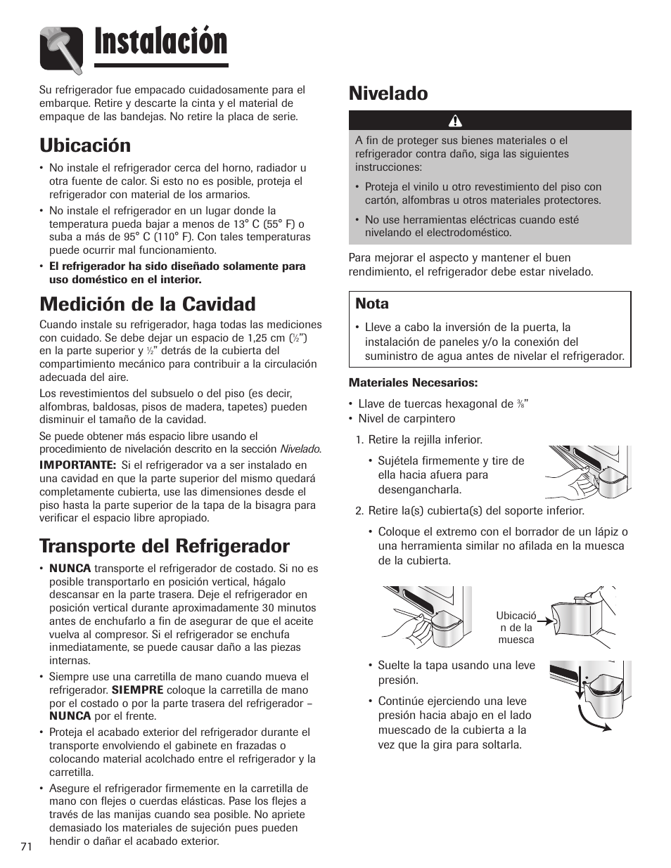 Instalación, Ubicación, Medición de la cavidad | Transporte del refrigerador, Nivelado, Precaución, Nota | Maytag MBF1956HEB User Manual | Page 72 / 104