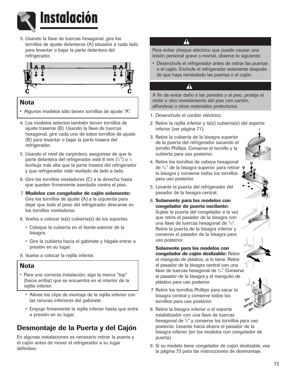 Instalación, Desmontaje de la puerta y del cajón, Advertencia | Precaución, Nota | Maytag MBF1956HEB User Manual | Page 73 / 104