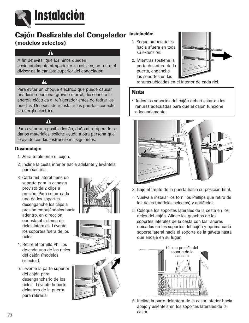 Instalación, Cajón deslizable del congelador | Maytag MBF1956HEB User Manual | Page 74 / 104