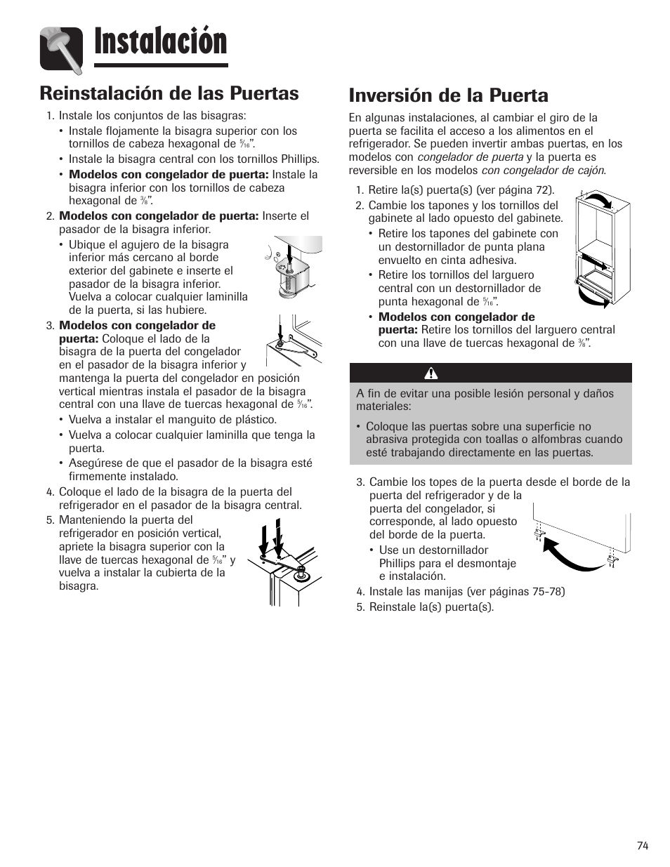 Instalación, Inversión de la puerta, Reinstalación de las puertas | Precaución | Maytag MBF1956HEB User Manual | Page 75 / 104