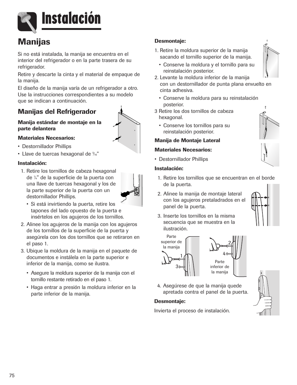 Instalación, Manijas, Manijas del refrigerador | Maytag MBF1956HEB User Manual | Page 76 / 104