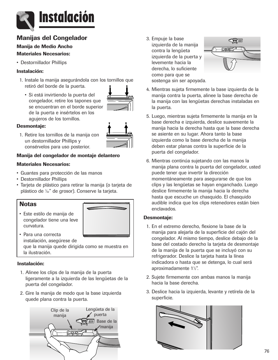 Instalación, Notas, Manijas del congelador | Maytag MBF1956HEB User Manual | Page 77 / 104