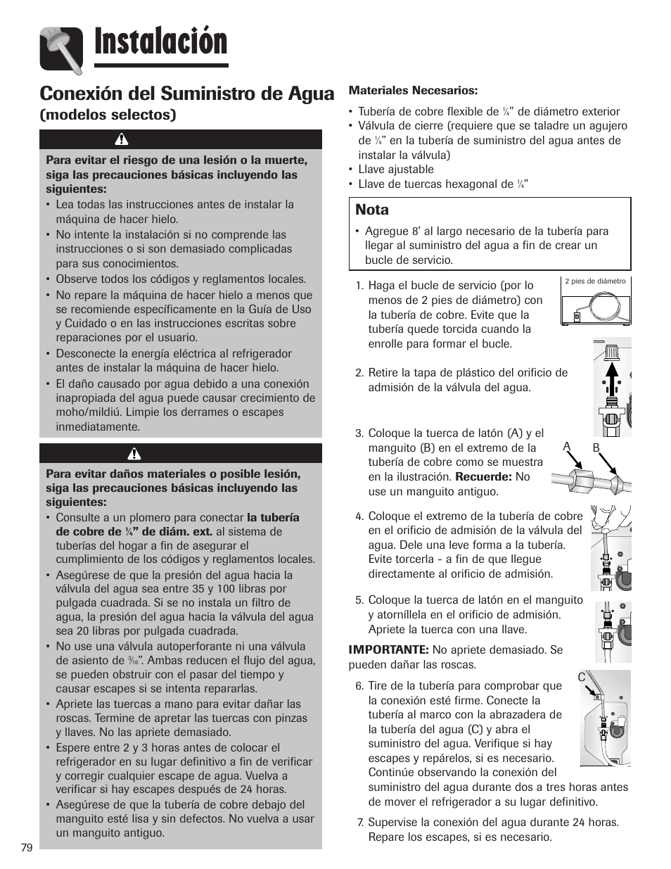 Instalación, Conexión del suministro de agua, Modelos selectos) | Advertencia, Precaución, Nota | Maytag MBF1956HEB User Manual | Page 80 / 104