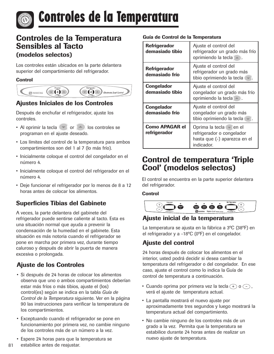 Controles de la temperatura, Controles de la temperatura sensibles al tacto | Maytag MBF1956HEB User Manual | Page 82 / 104