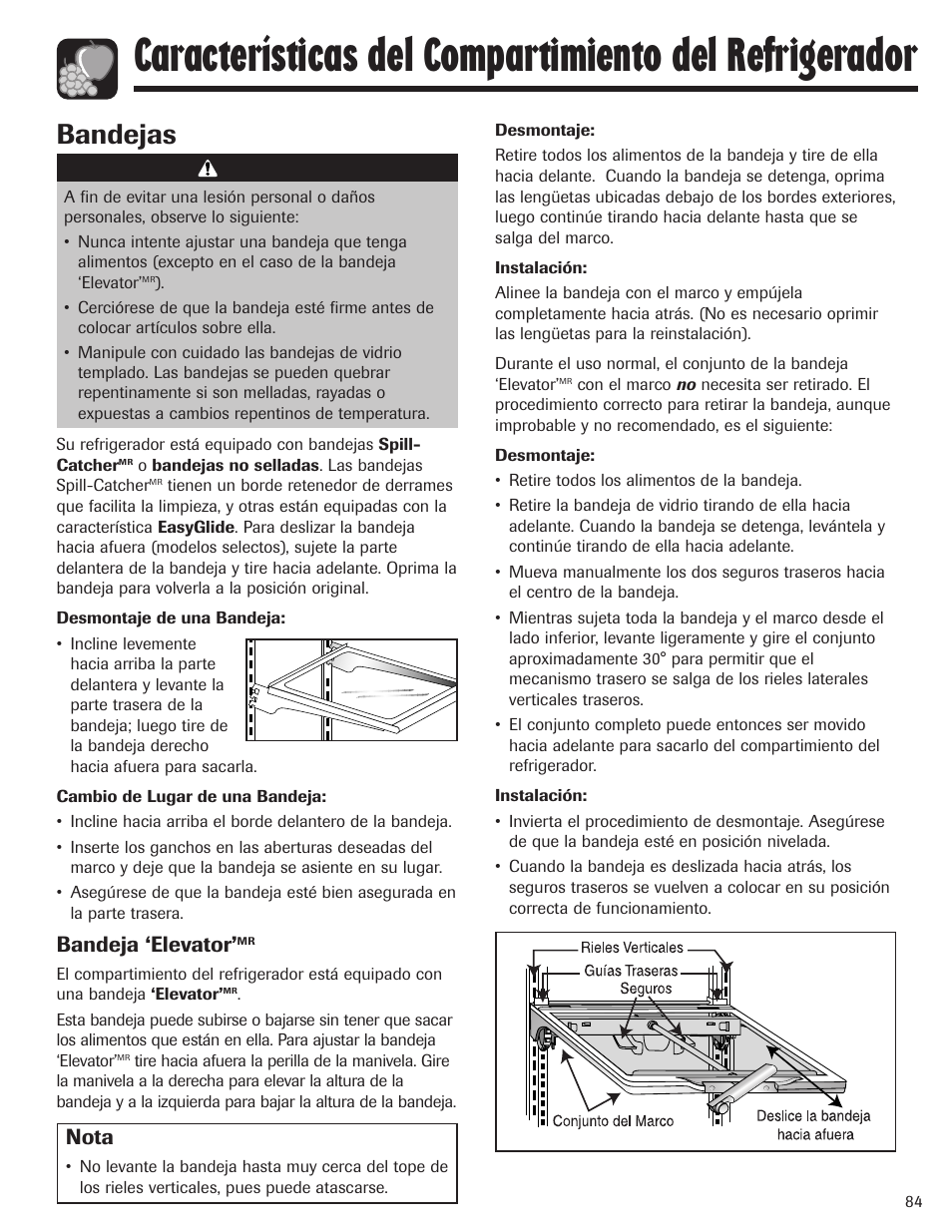 Bandejas, Bandeja ‘elevator, Precaución | Nota | Maytag MBF1956HEB User Manual | Page 85 / 104