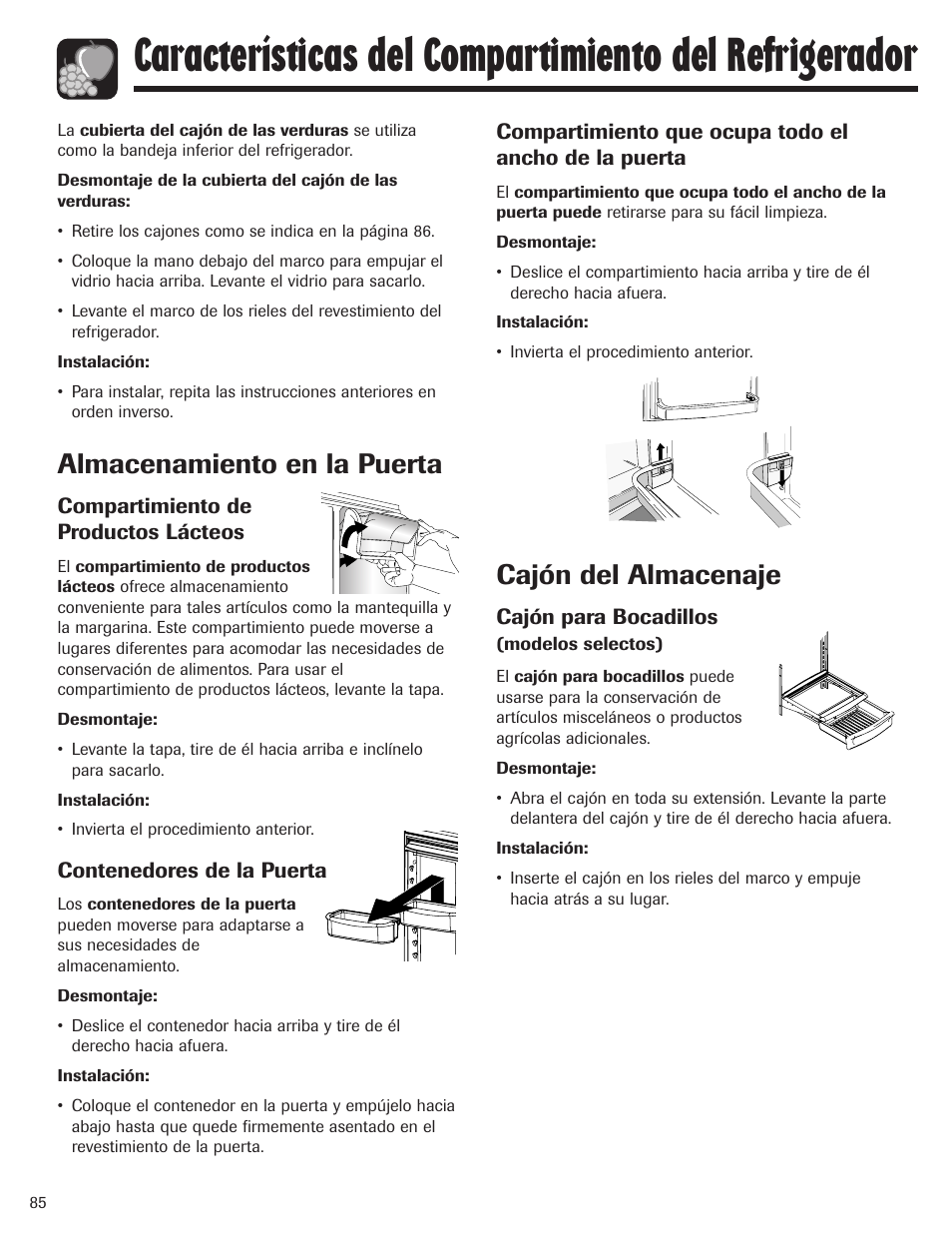 Almacenamiento en la puerta, Cajón del almacenaje | Maytag MBF1956HEB User Manual | Page 86 / 104