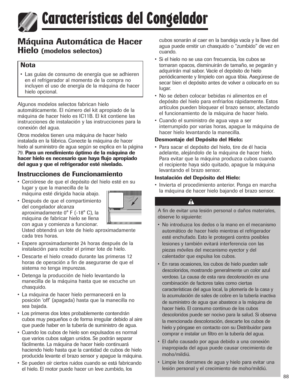 Características del congelador, Máquina automática de hacer hielo | Maytag MBF1956HEB User Manual | Page 89 / 104