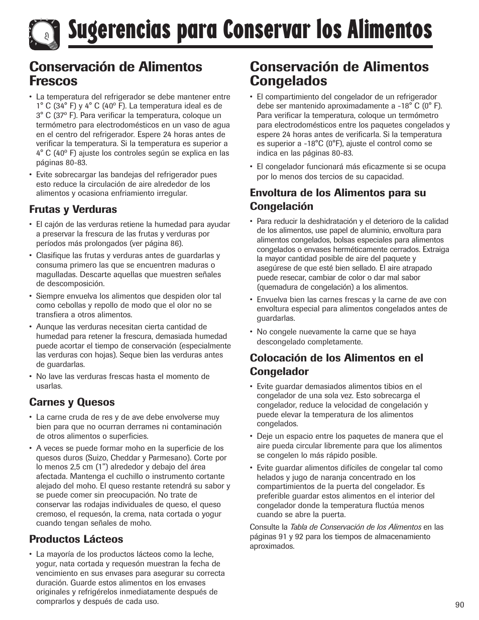 Sugerencias para conservar los alimentos, Conservación de alimentos frescos, Conservación de alimentos congelados | Maytag MBF1956HEB User Manual | Page 91 / 104